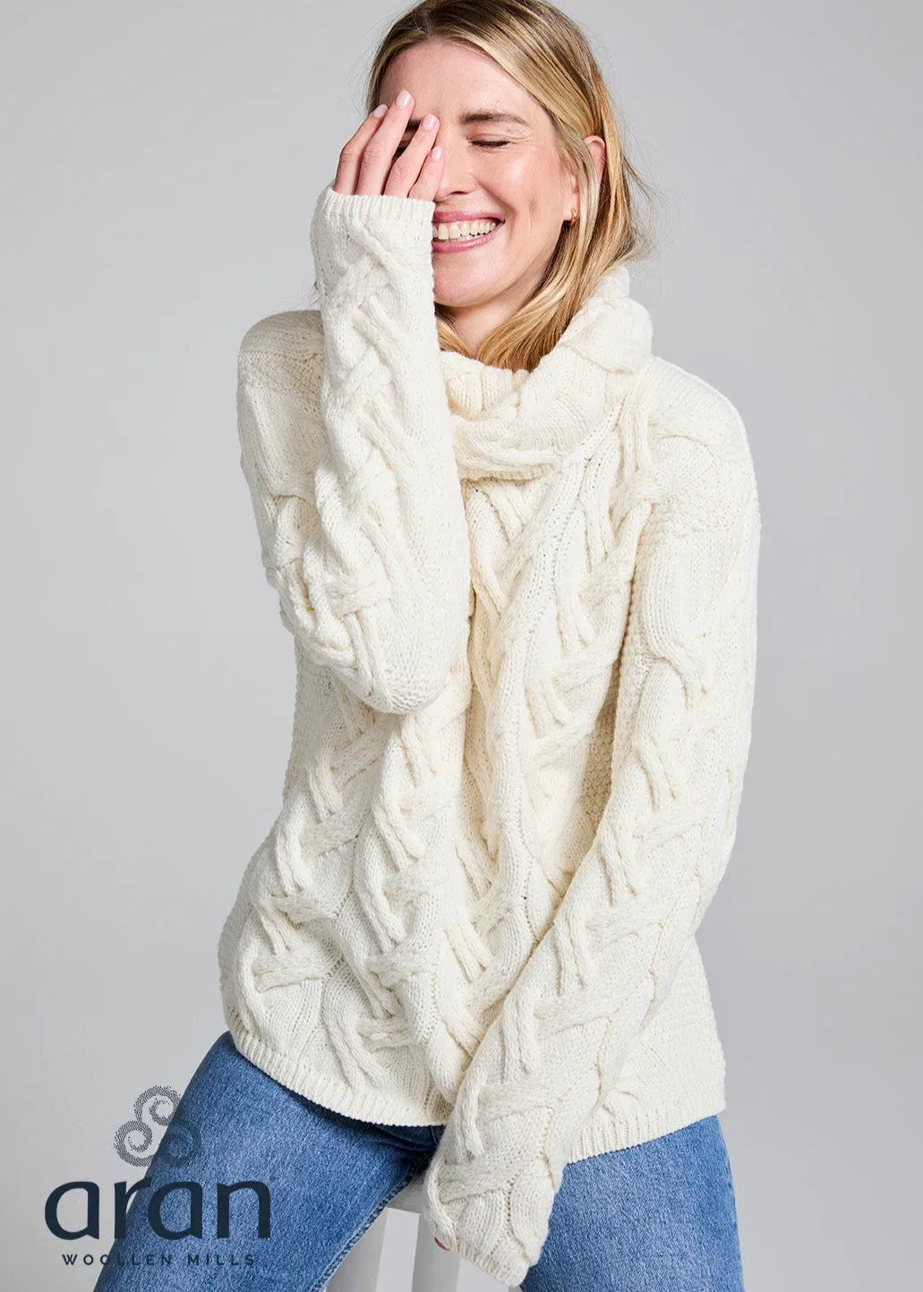 Aran Cowl Neck Chunky Sweater | Natural